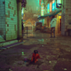 A cat bats a puddle in Stray.